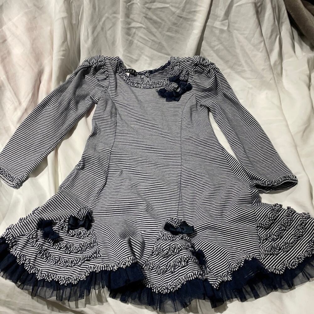 Biscotti 4 navy white Stripe puff sleeve dress euc